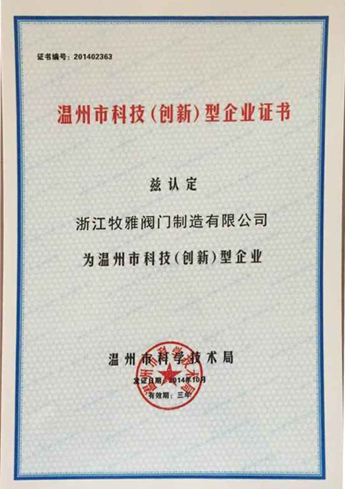 温州市科技型企业证书